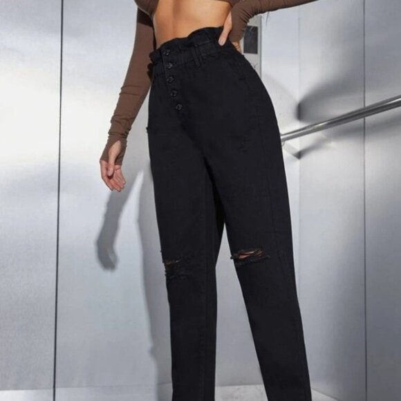 SHEIN Denim - Shein High Waisted Black Distressed Paperbag Waist Jeans Size M